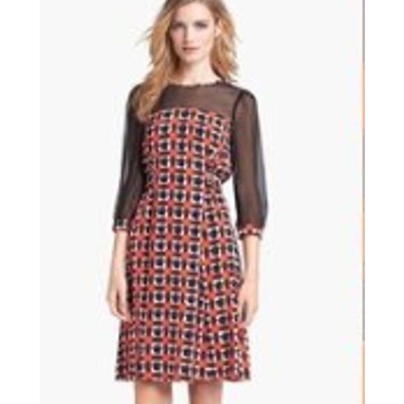 Kate Spade New York Zaza Check Sheer Sleeve Silk Knee Length Dress Red Size‎ 6 - Picture 1 of 12